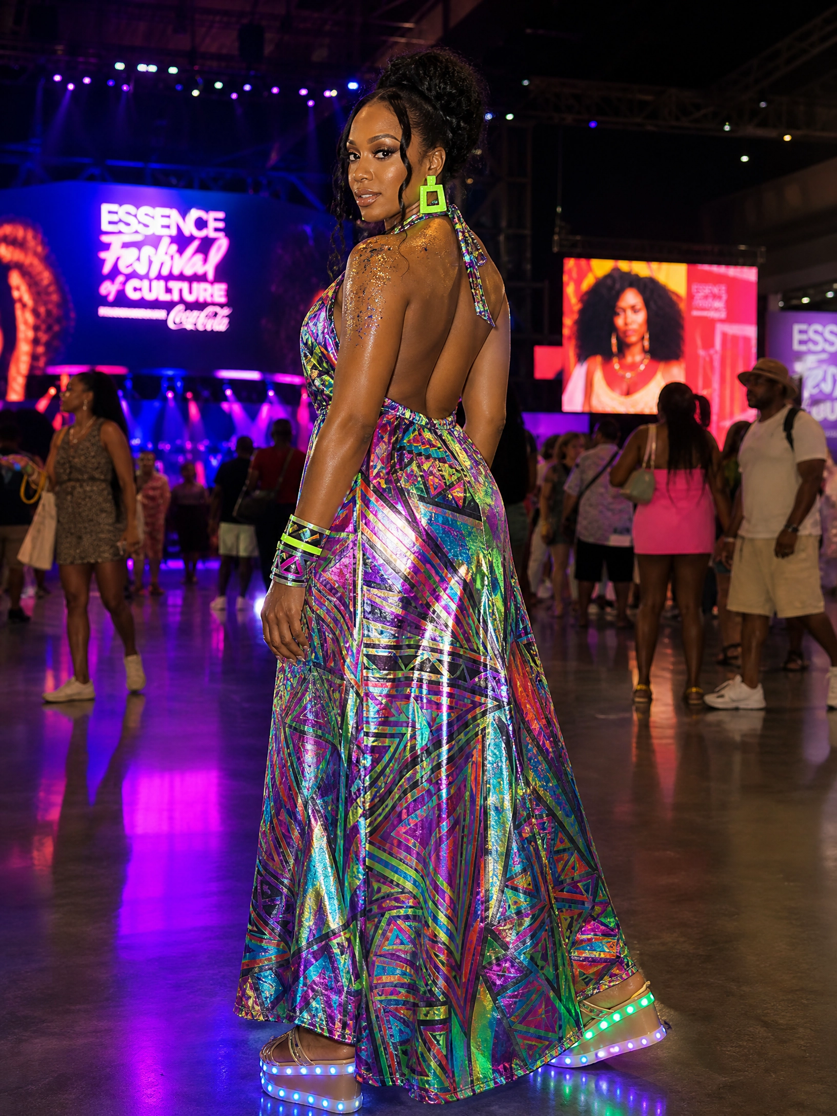 Essence Festival high-impact maxi look — rave festival energy