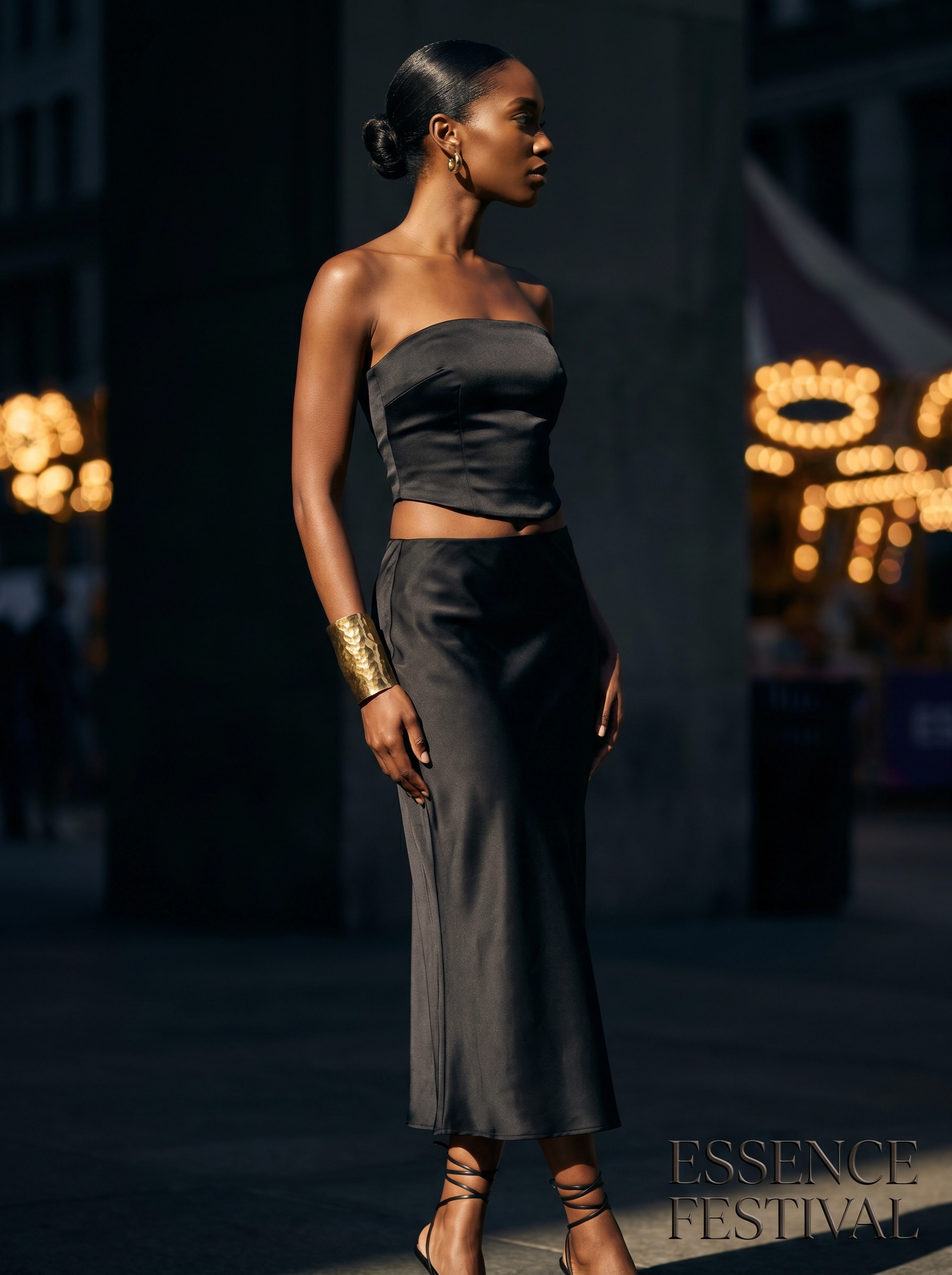 Essence Festival tube top midi skirt look — editorial influencer