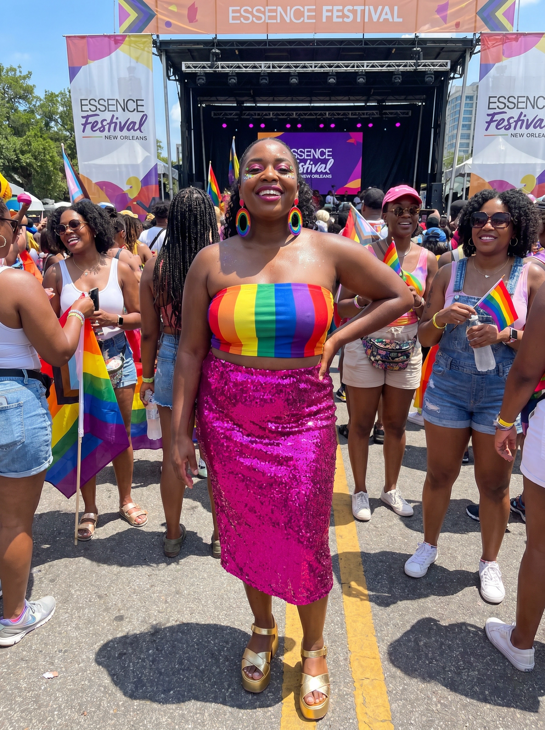 Essence Festival tube top midi skirt look — LGBT Pride outlandish