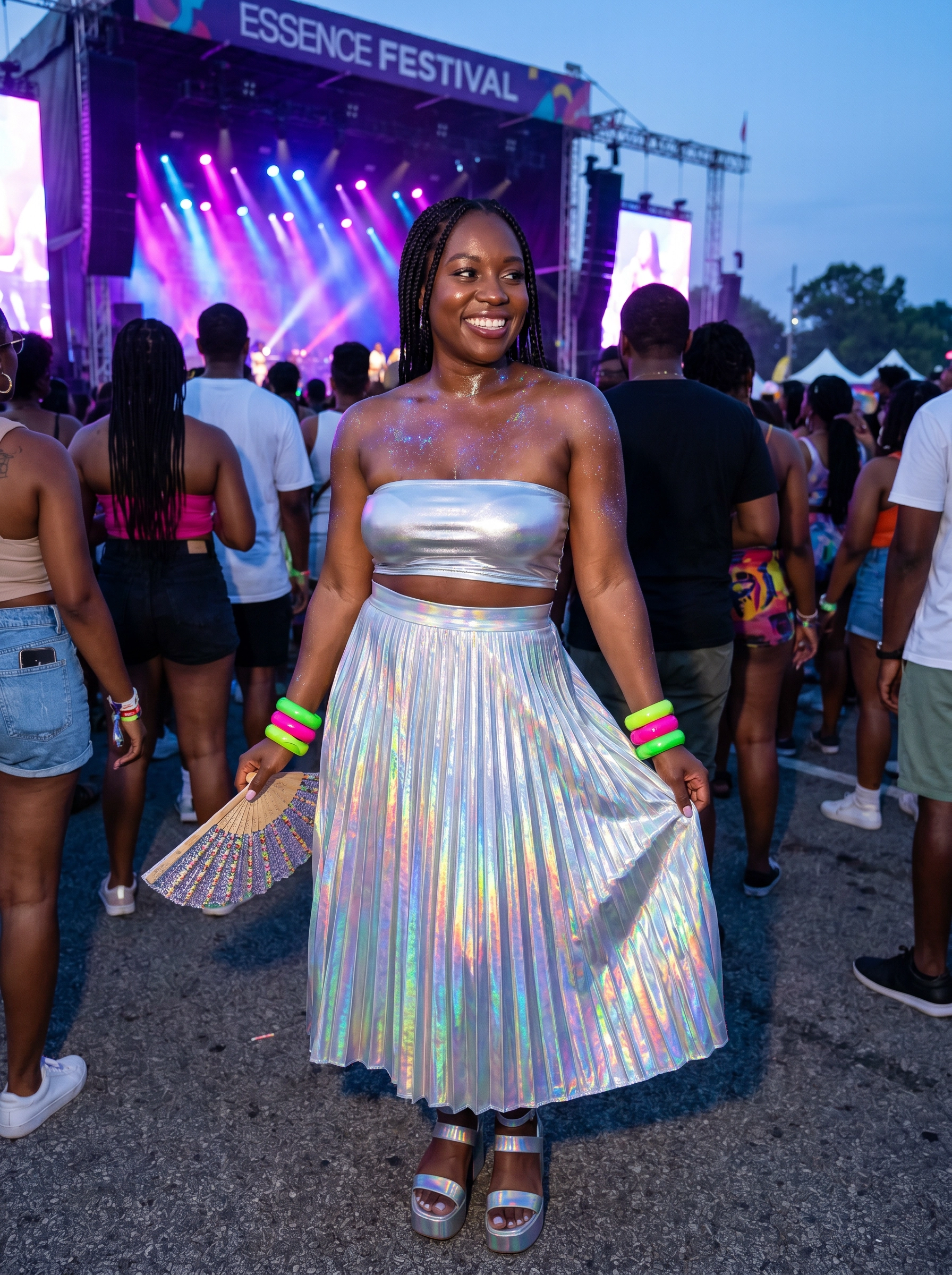 Essence Festival tube top midi skirt look — rave festival energy
